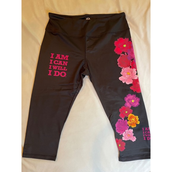 Kali Pants - KALI Miami Fitwear Black Floral Motivational Capri Leggings 2X I Am I Can I Will